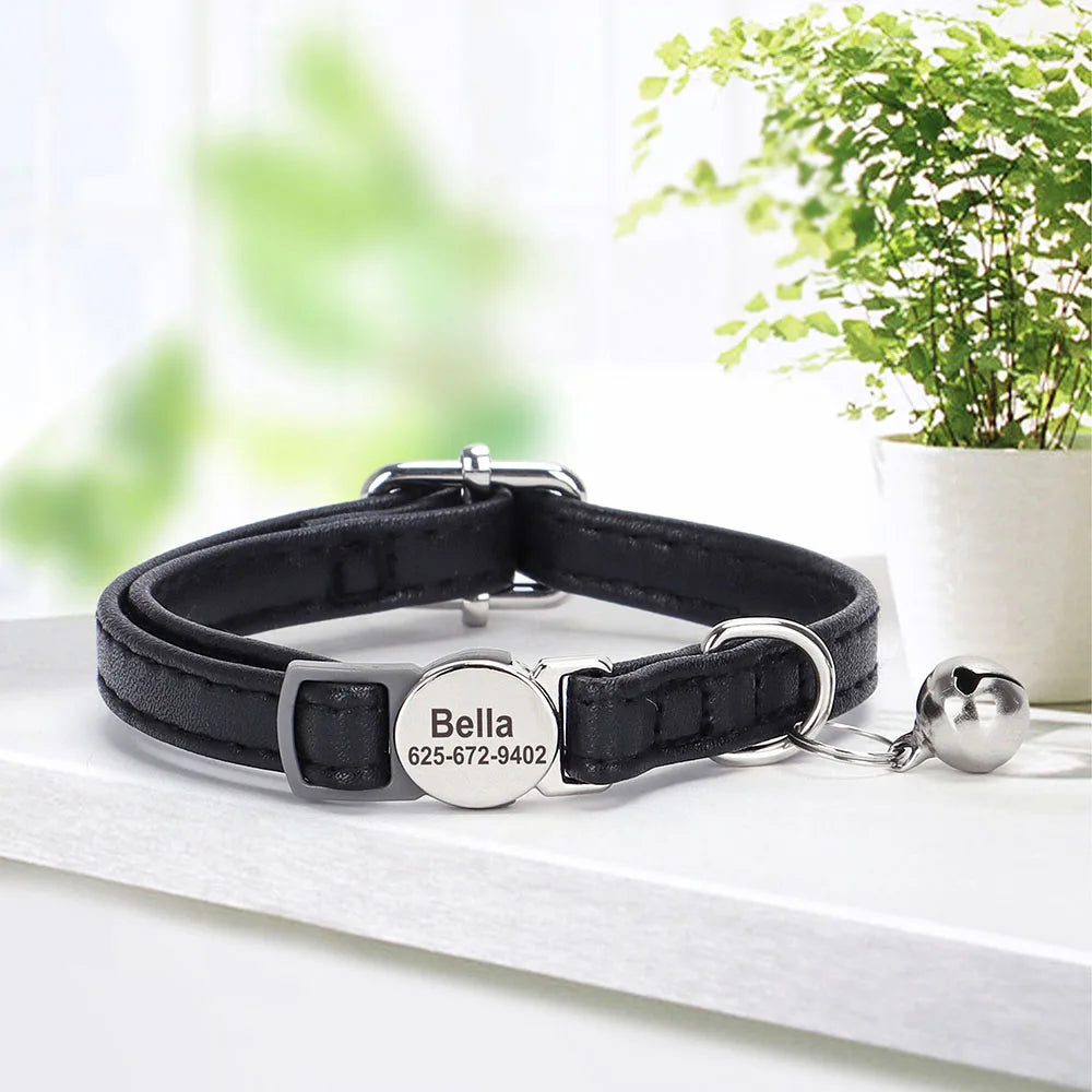 personalized pu leather cat collar with quick-release buckle, engraved