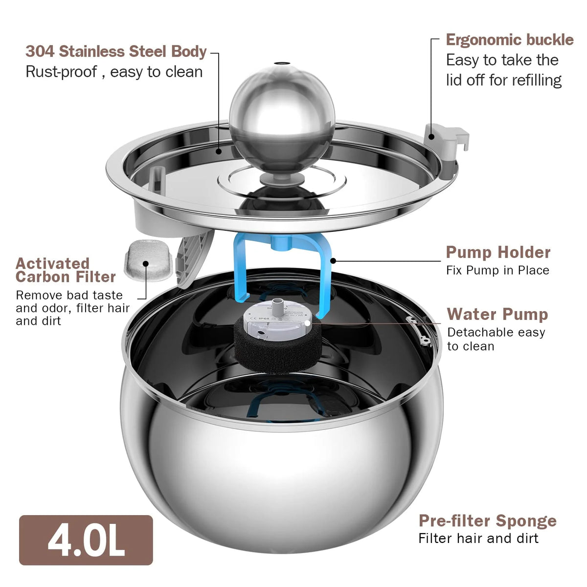 4l stainless steel automatic pet water fountain quiet filter for cats
