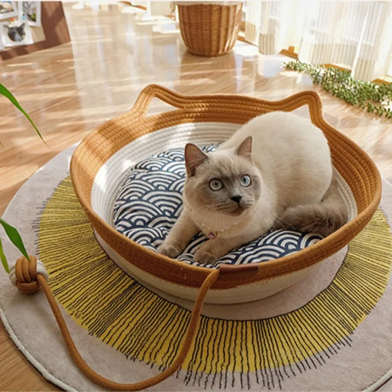 four seasons woven cat bed – breathable rattan cat nest