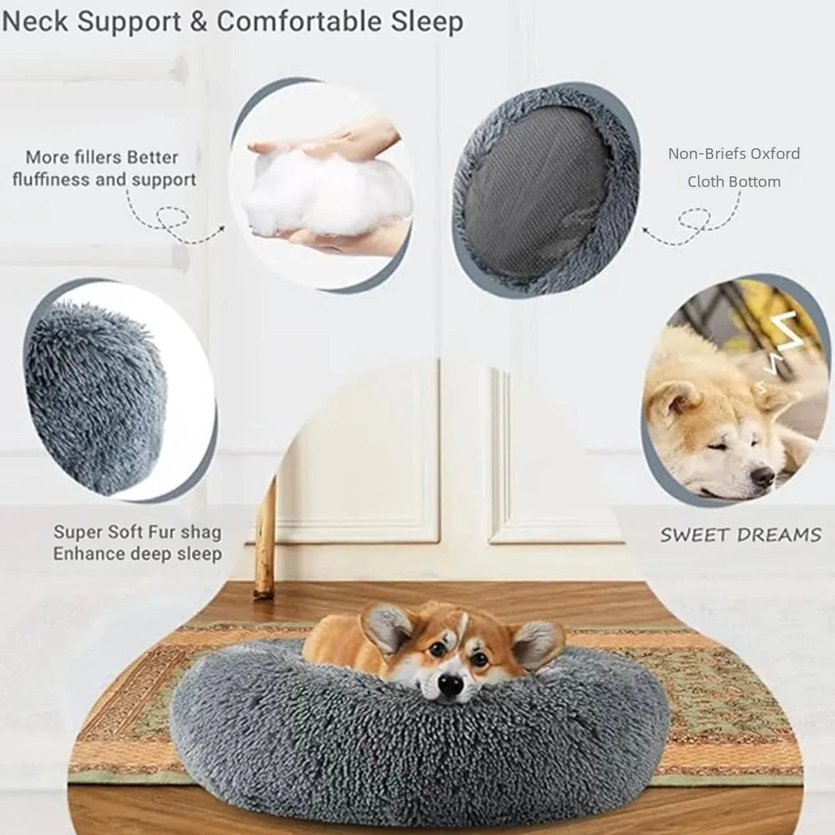 soft plush round pet bed for dogs & cats, 6 sizes, machine washable