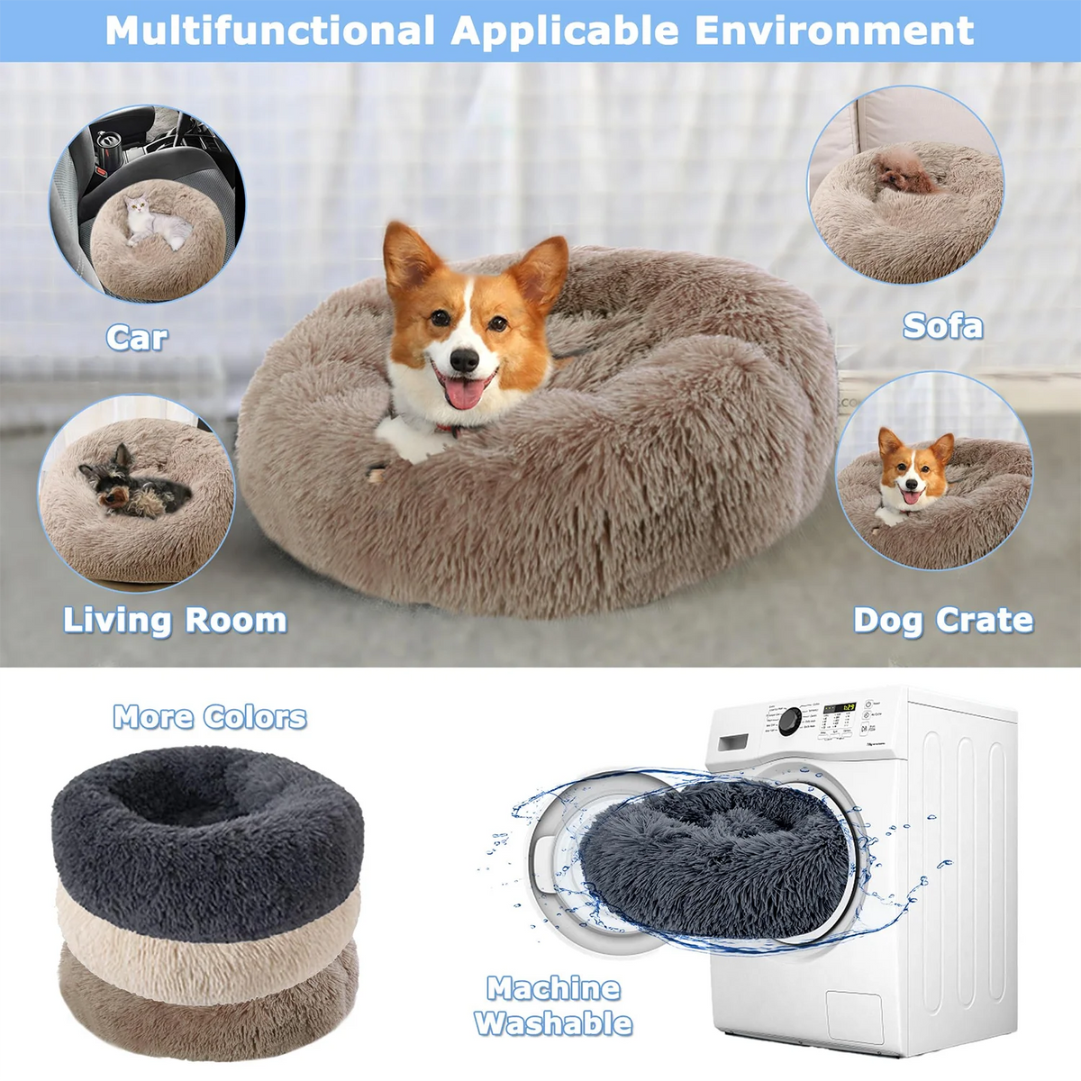 soft plush round pet bed for dogs & cats, 6 sizes, machine washable