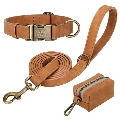 Personalized Vintage PU Leather Dog Collar & Leash Set with Poop Bag