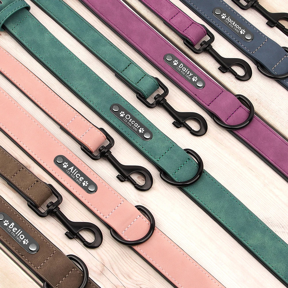 personalized leather dog collar & leash set - soft, padded, durable
