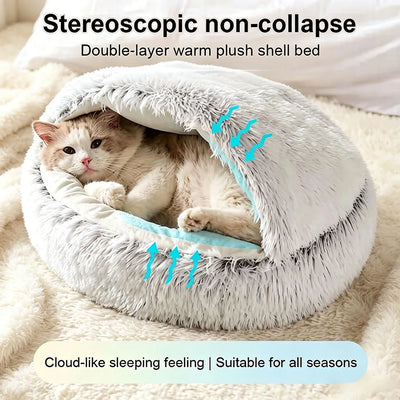 Cozy Shell-Shaped Plush Cat Bed, Warm Semi-Enclosed Nest for puppies