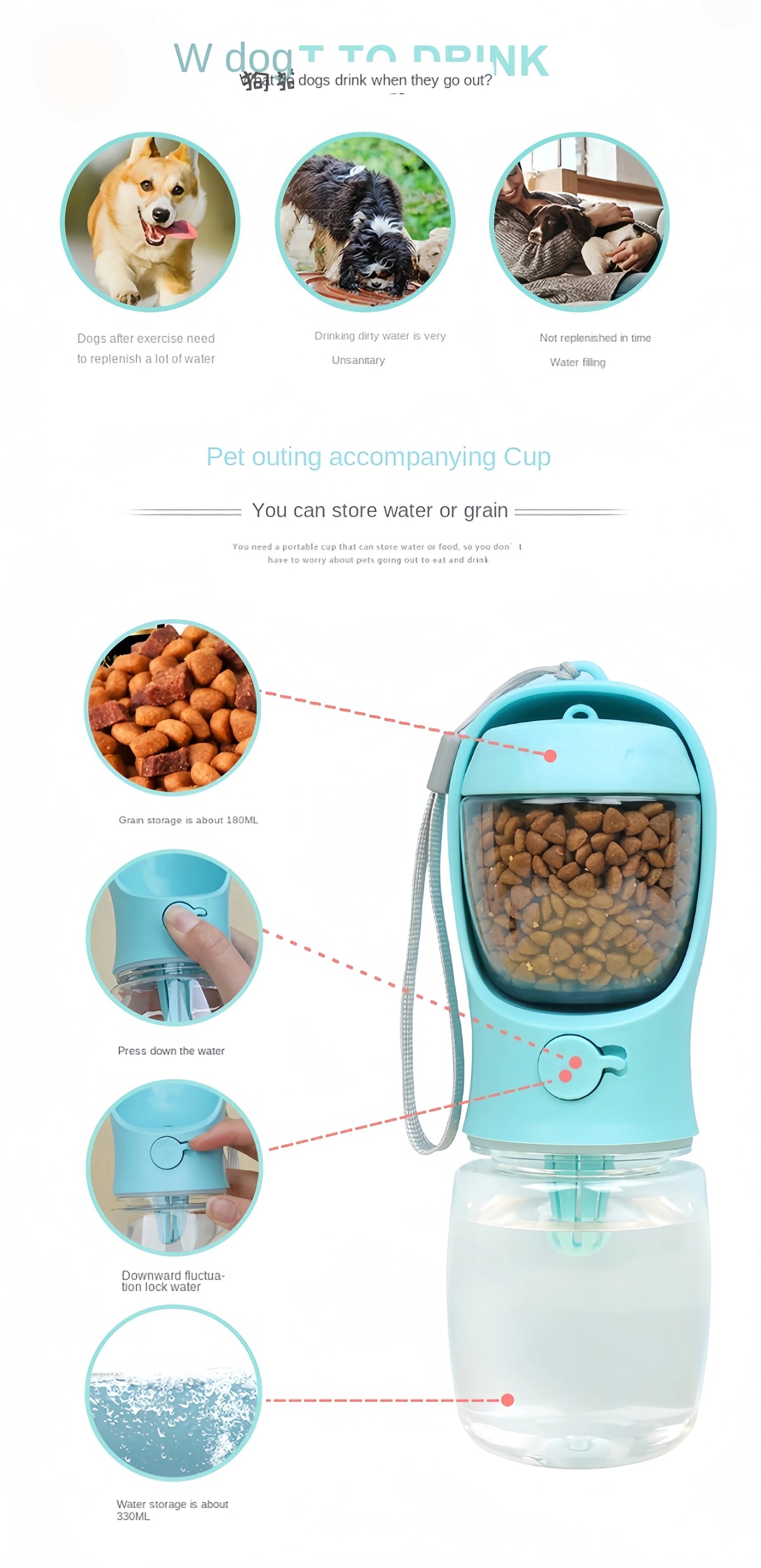portable pet water bottle with food dispenser – travel cup