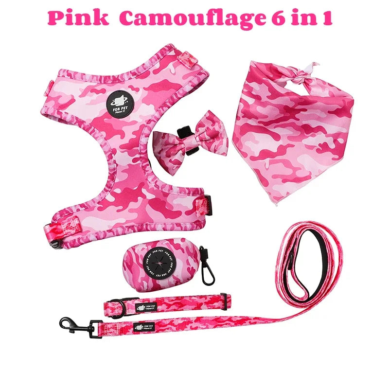 6-in-1 dog harness set with leed, collar, bandana & poop bag holder