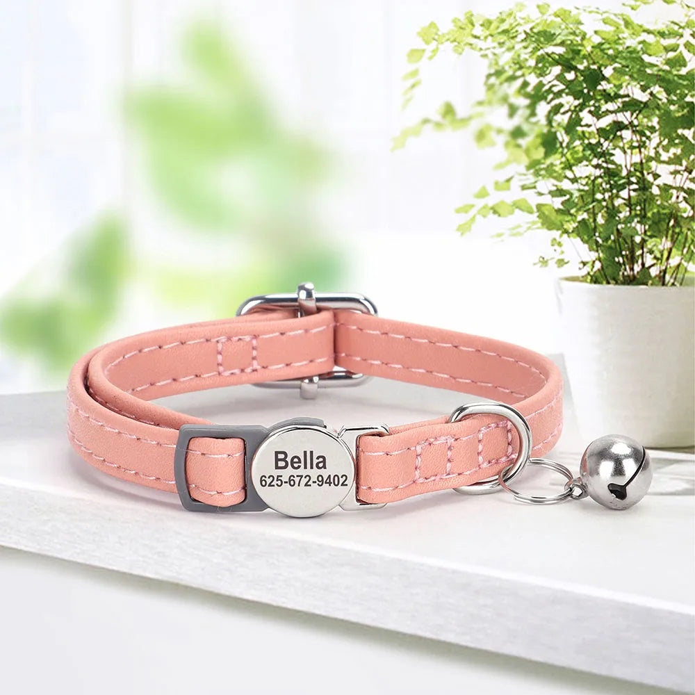 personalized pu leather cat collar with quick-release buckle, engraved