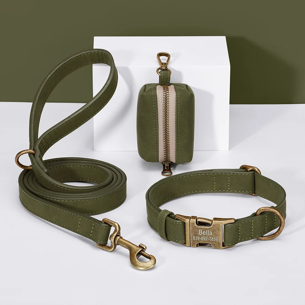 personalized vintage pu leather dog collar & leash set with poop bag