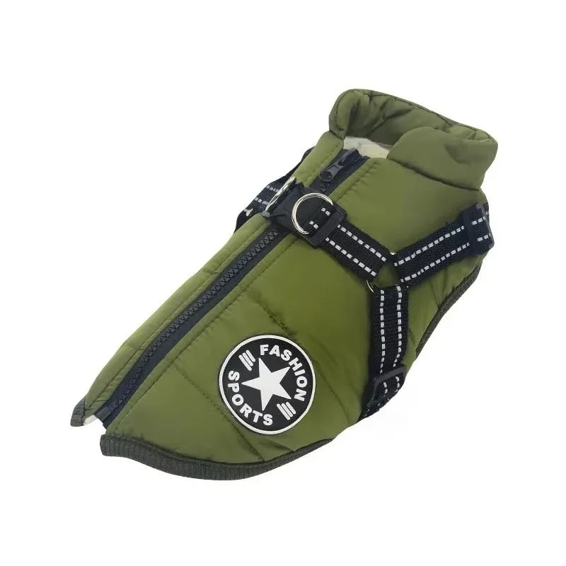 winter dog jacket with built-in harness – warm splash-proof coat