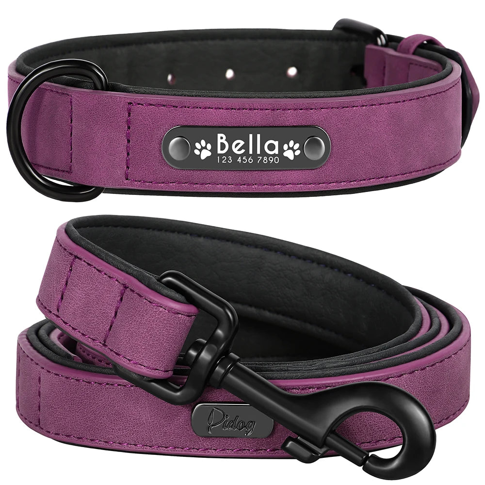 personalized leather dog collar & leash set - soft, padded, durable