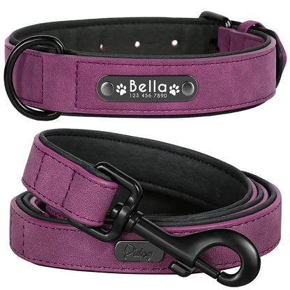 Personalized Leather Dog Collar & Leash Set - Soft, Padded, Durable