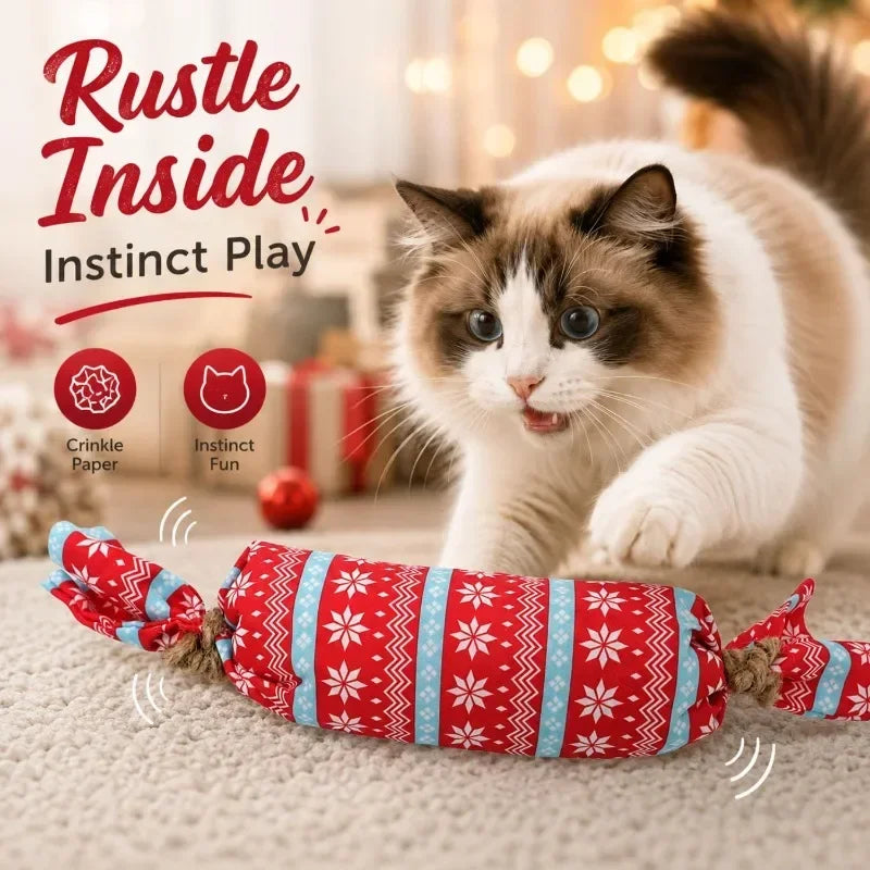 christmas candy cat toy with crinkle paper plush chew toy for kittens