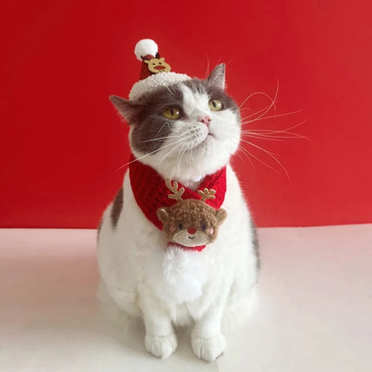 Soft Red Christmas Cat Hat and Scarf with Adjustable Chin Strap