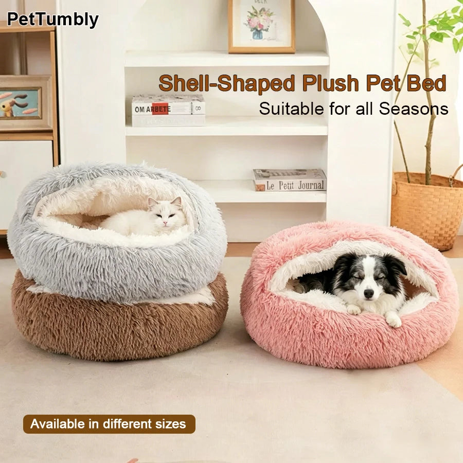 cozy shell-shaped plush cat bed, warm semi-enclosed nest for puppies