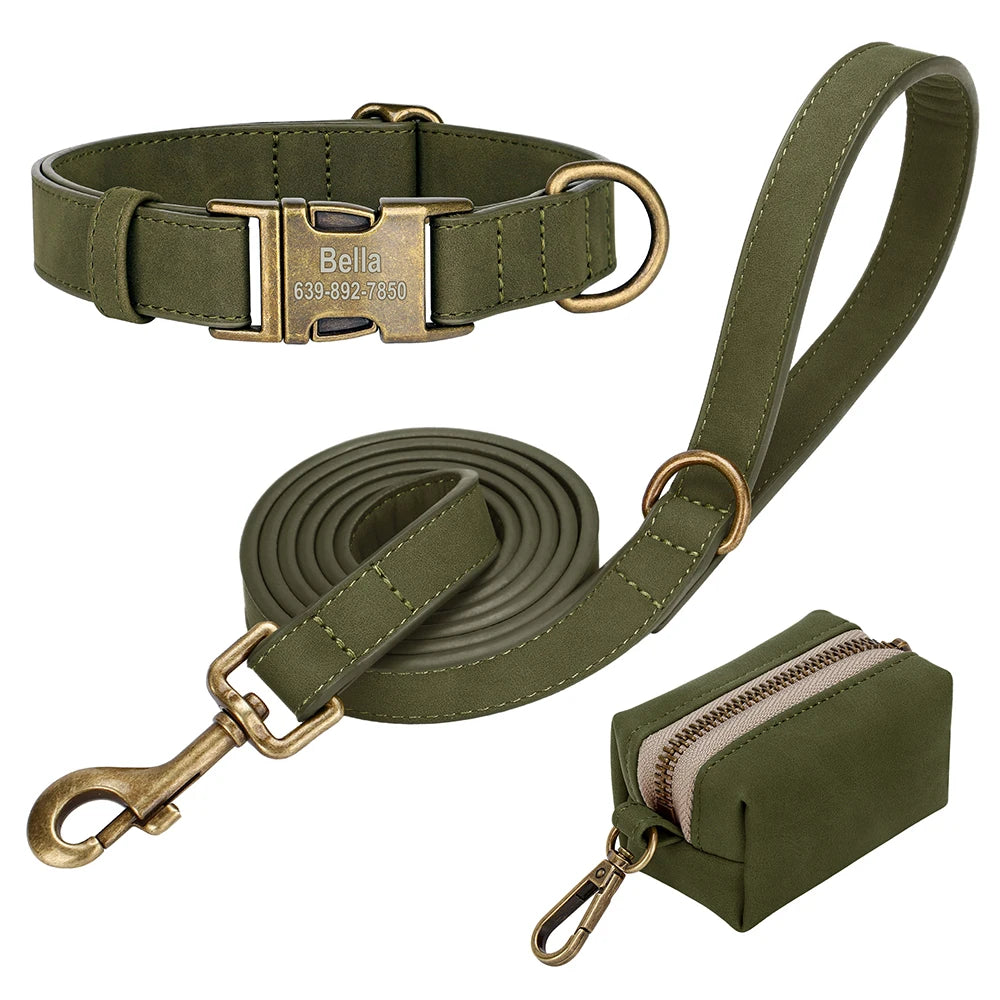personalized vintage pu leather dog collar & leash set with poop bag