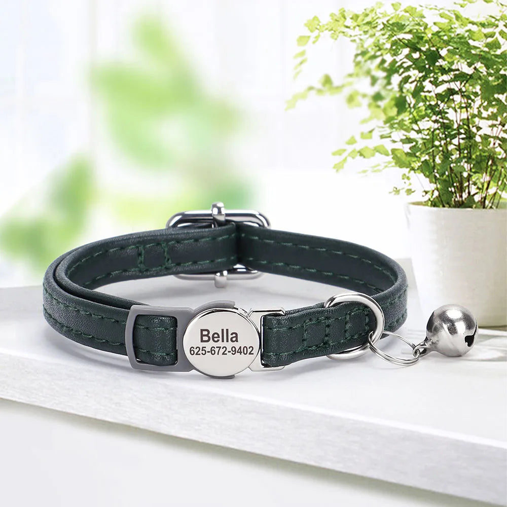 personalized pu leather cat collar with quick-release buckle, engraved