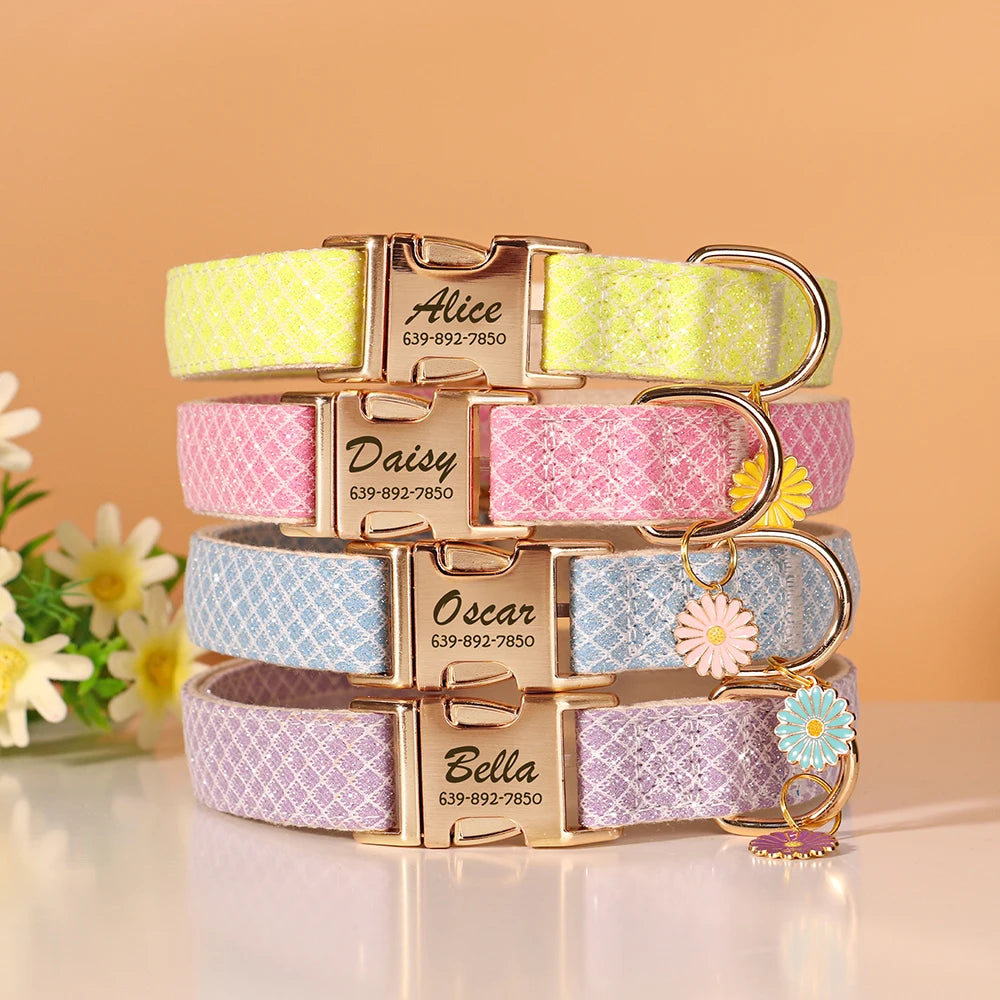 personalized bling dog collar - free engraved id tag & flower charm