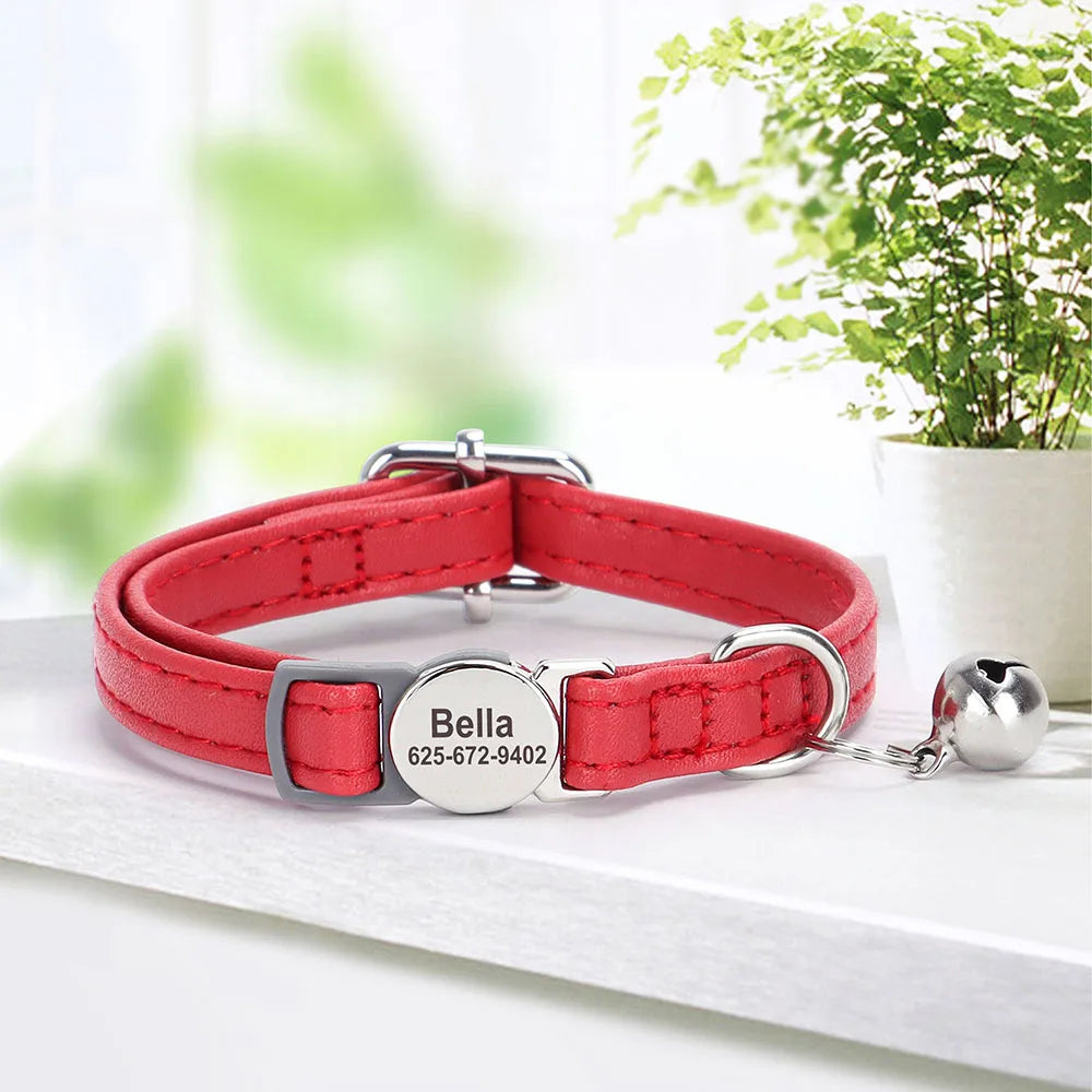 personalized pu leather cat collar with quick-release buckle, engraved