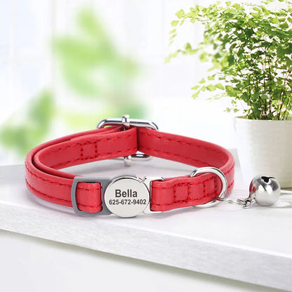 Personalized PU Leather Cat Collar with Quick-Release Buckle, Engraved