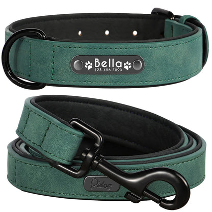 Personalized Leather Dog Collar & Leash Set - Soft, Padded, Durable