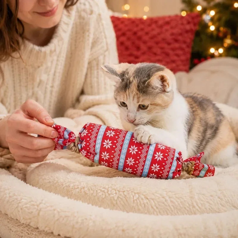 christmas candy cat toy with crinkle paper plush chew toy for kittens