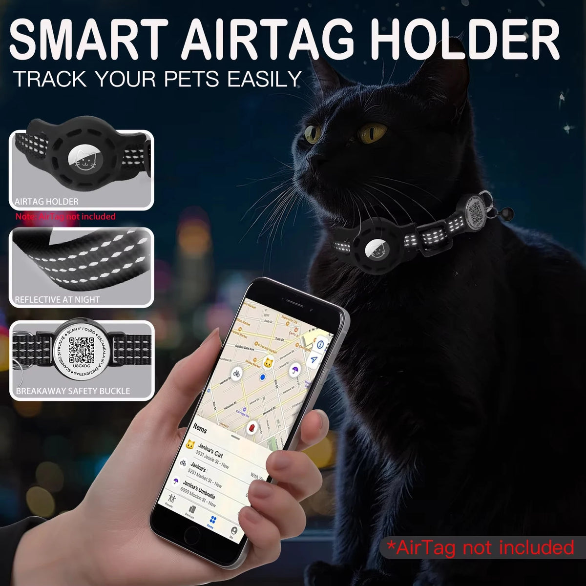 breakaway reflective cat collar with qr code tag and airtag holder