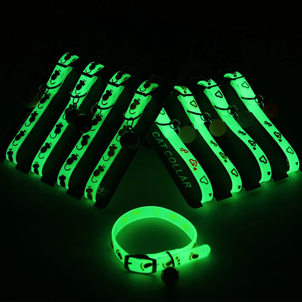 glow-in-the-dark cat & puppy collar with bell - silicone anti-loss collar