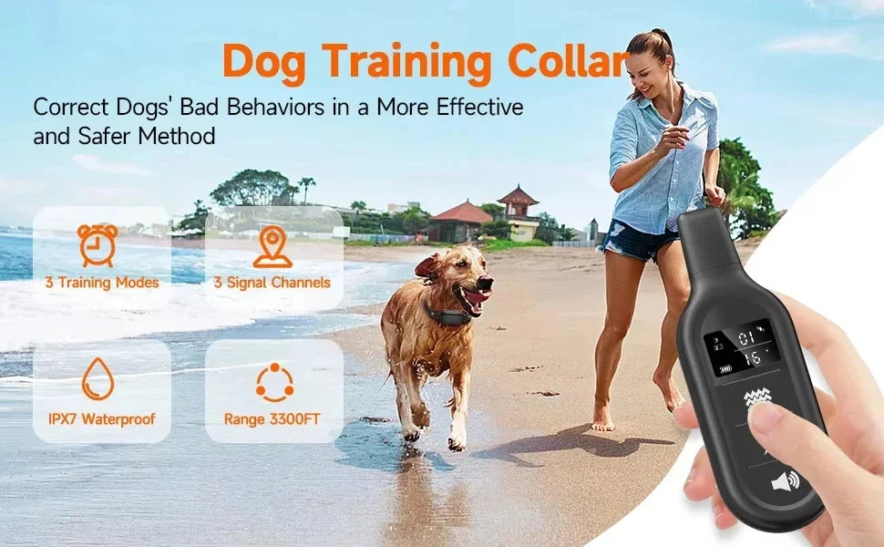 ipx7 waterproof rechargeable dog training collar for 1-3 dogs, 3300ft range