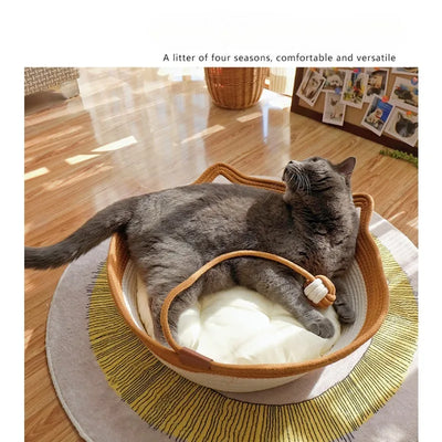Four Seasons Woven Cat Bed – Breathable Rattan Cat Nest