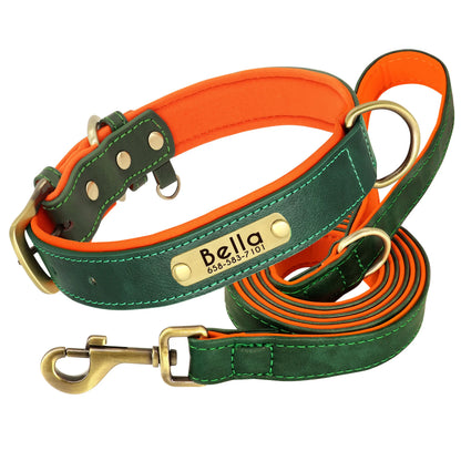 Padded Leather Dog Collar and Leash Set with Custom Nameplate Tag