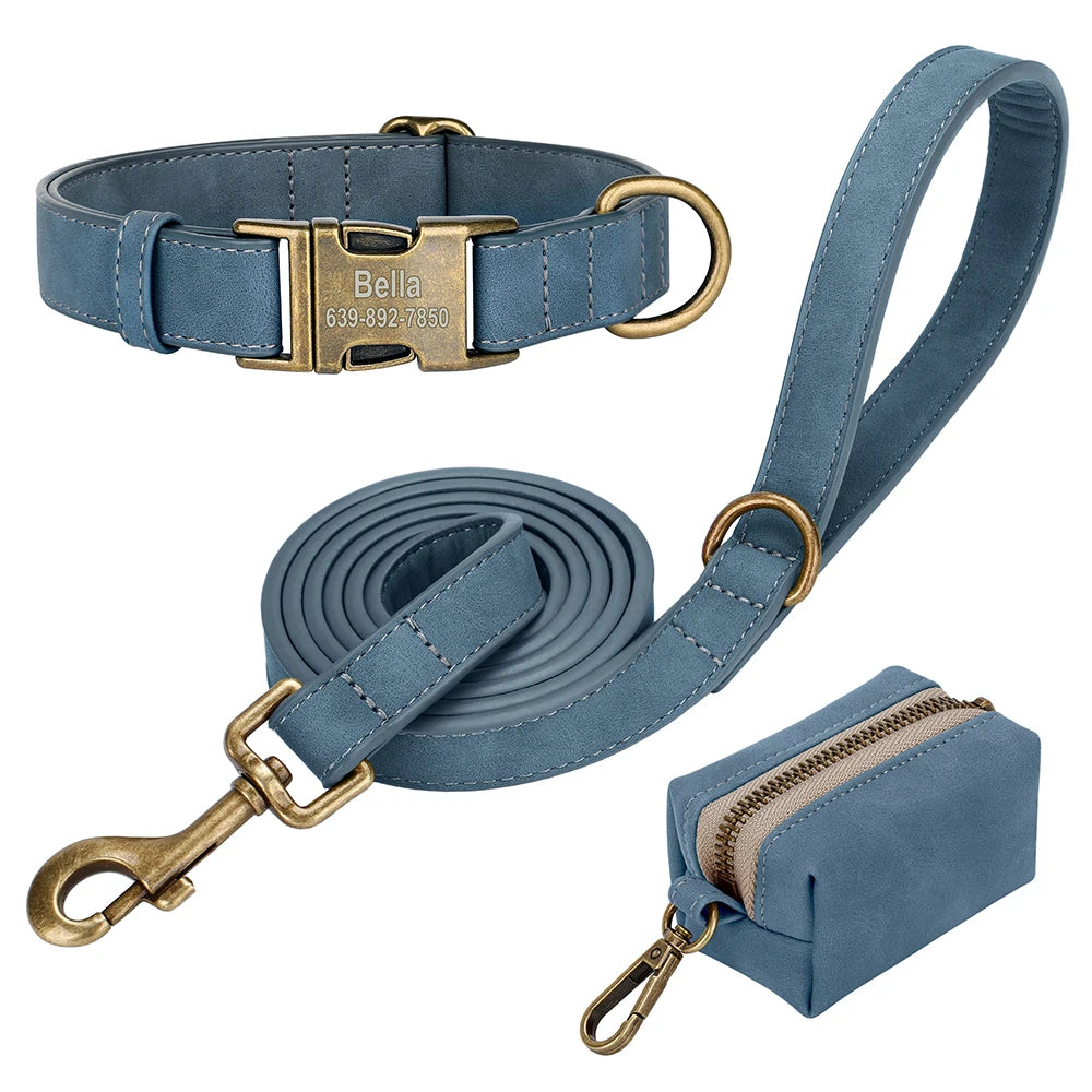 personalized vintage pu leather dog collar & leash set with poop bag