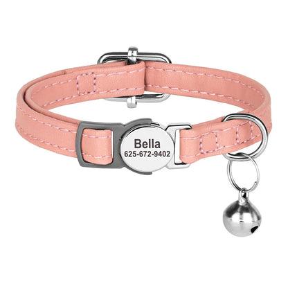 Personalized PU Leather Cat Collar with Quick-Release Buckle, Engraved
