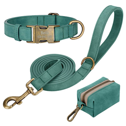 Personalized Vintage PU Leather Dog Collar & Leash Set with Poop Bag