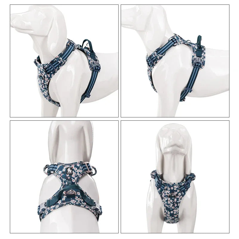 floral cotton no-pull dog harness with padded comfort, adjustable
