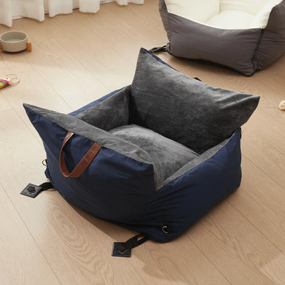 Plush Pet Car Seat Bed for Cats & Puppies with Safety Buckle and Strap