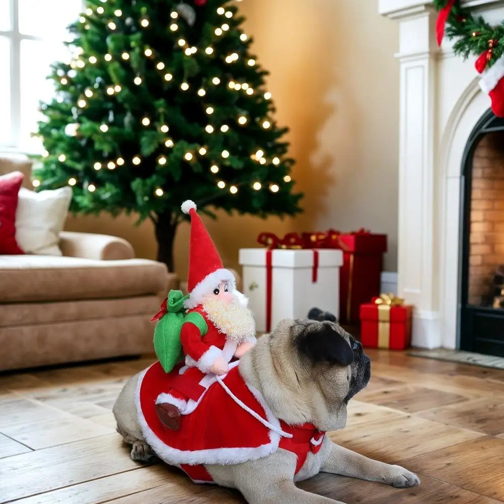 funny santa claus riding dog christmas costume for dogs & cats, red