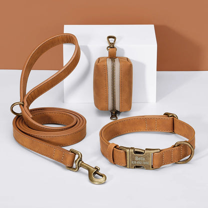 Personalized Vintage PU Leather Dog Collar & Leash Set with Poop Bag