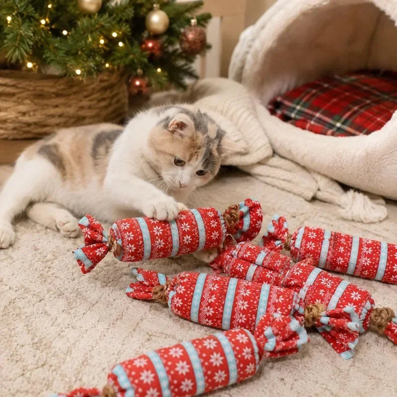 christmas candy cat toy with crinkle paper plush chew toy for kittens