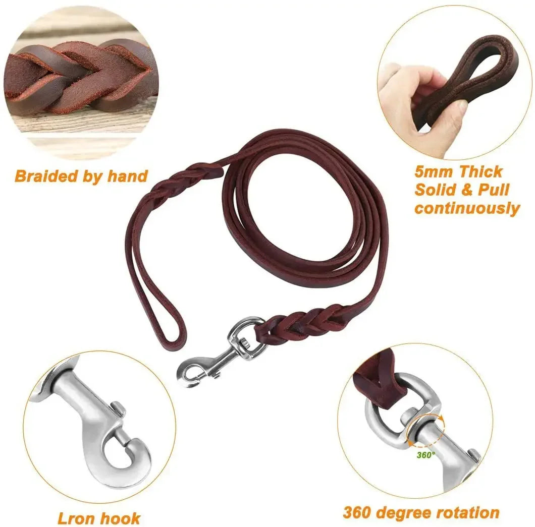 genuine leather braided dog leash for medium and large dog breeds