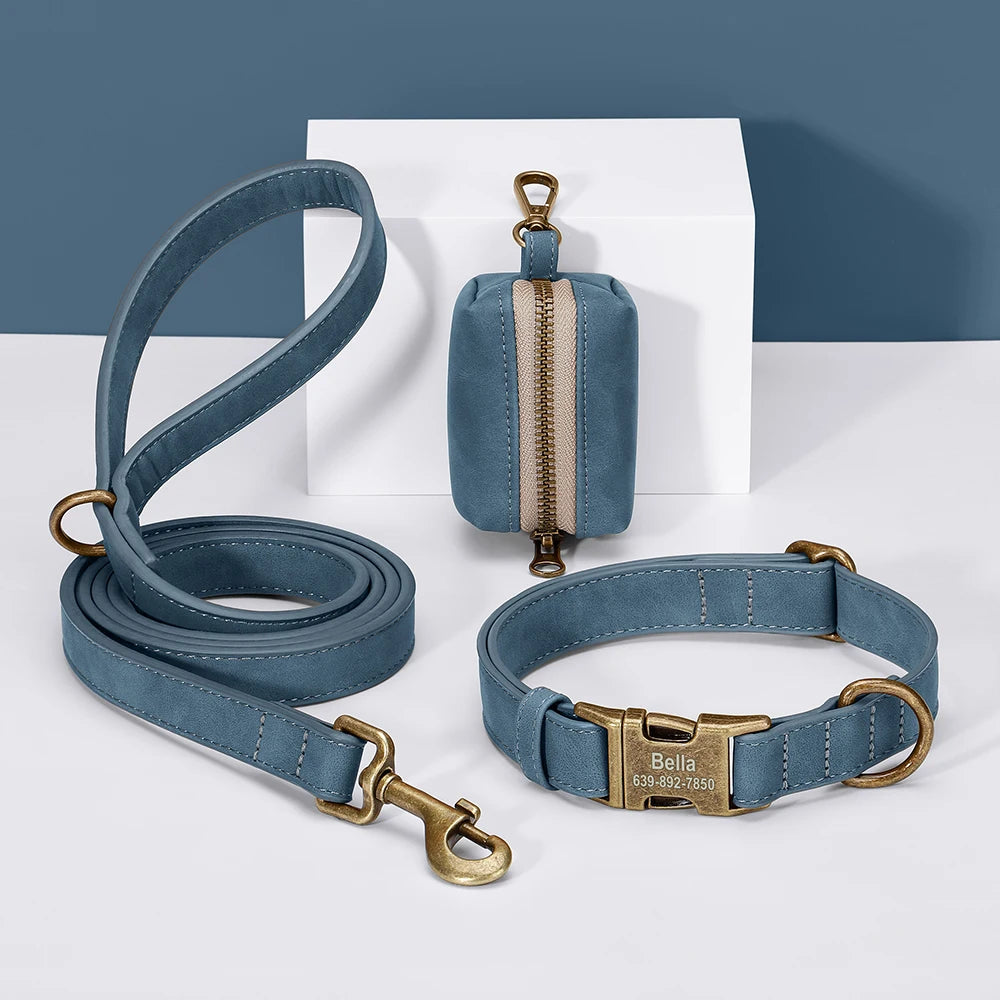 personalized vintage pu leather dog collar & leash set with poop bag