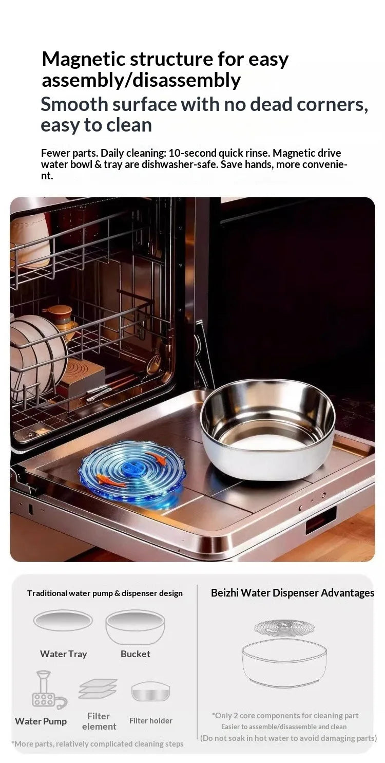 magnetic drive wireless cat water fountain 100 day battery filter-free
