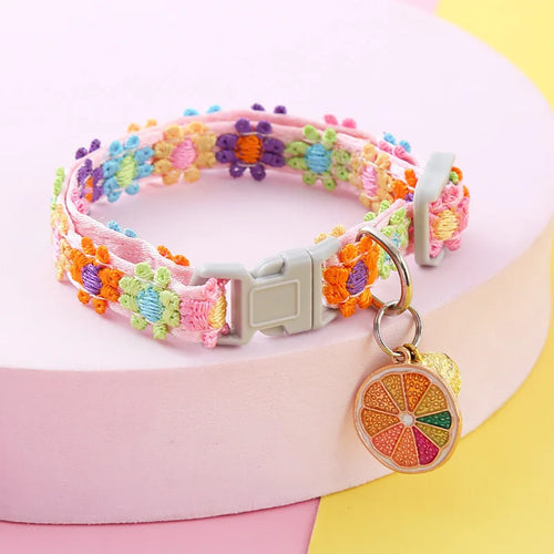 Adjustable Pet Collar with Bell - Colorful Paw Print for Cats & Puppies