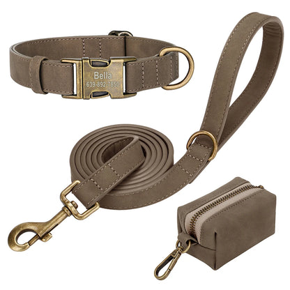 Personalized Vintage PU Leather Dog Collar & Leash Set with Poop Bag