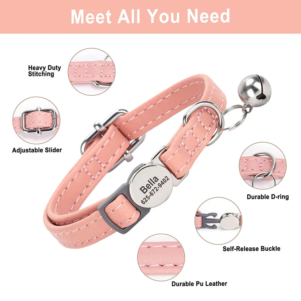 personalized pu leather cat collar with quick-release buckle, engraved
