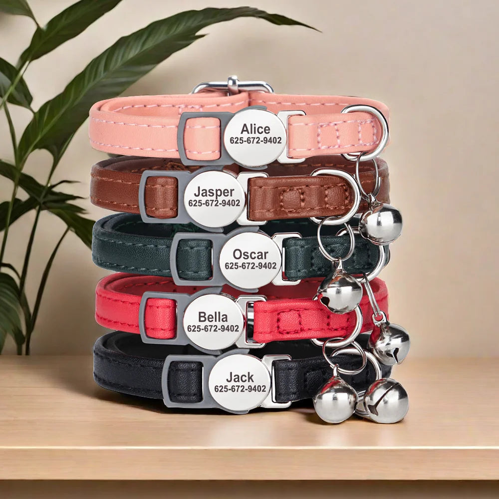 personalized pu leather cat collar with quick-release buckle, engraved