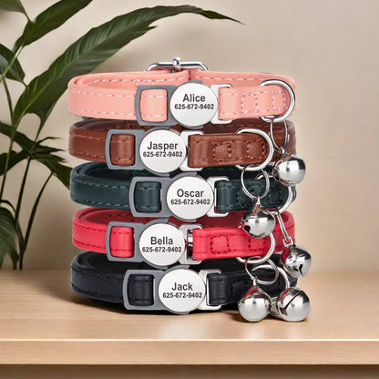 Personalized PU Leather Cat Collar with Quick-Release Buckle, Engraved