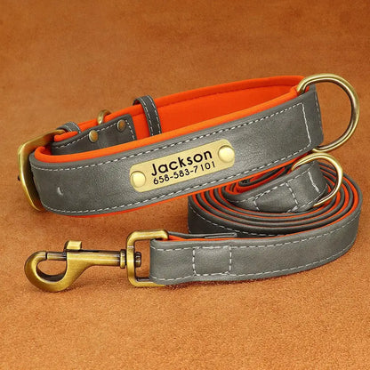 Padded Leather Dog Collar and Leash Set with Custom Nameplate Tag