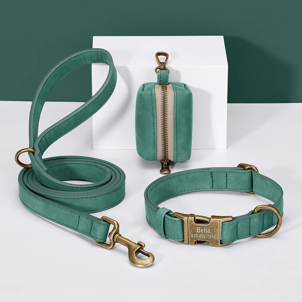 personalized vintage pu leather dog collar & leash set with poop bag