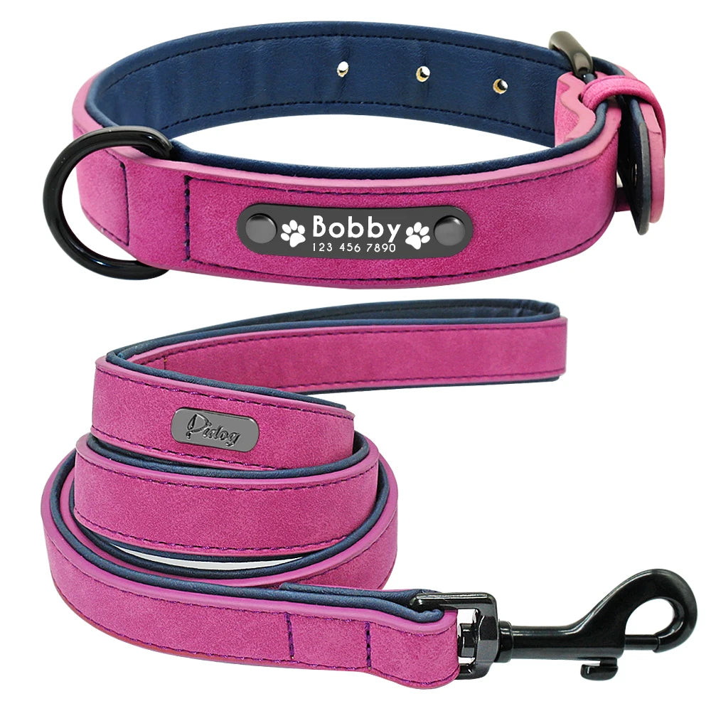 personalized leather dog collar & leash set - soft, padded, durable