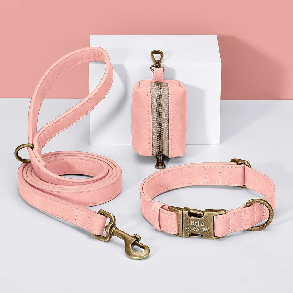 personalized vintage pu leather dog collar & leash set with poop bag